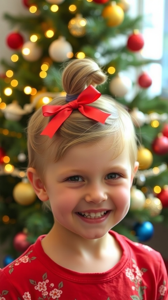 A child with a festive twisted ponytail hairstyle, smiling in front of a Christmas tree.